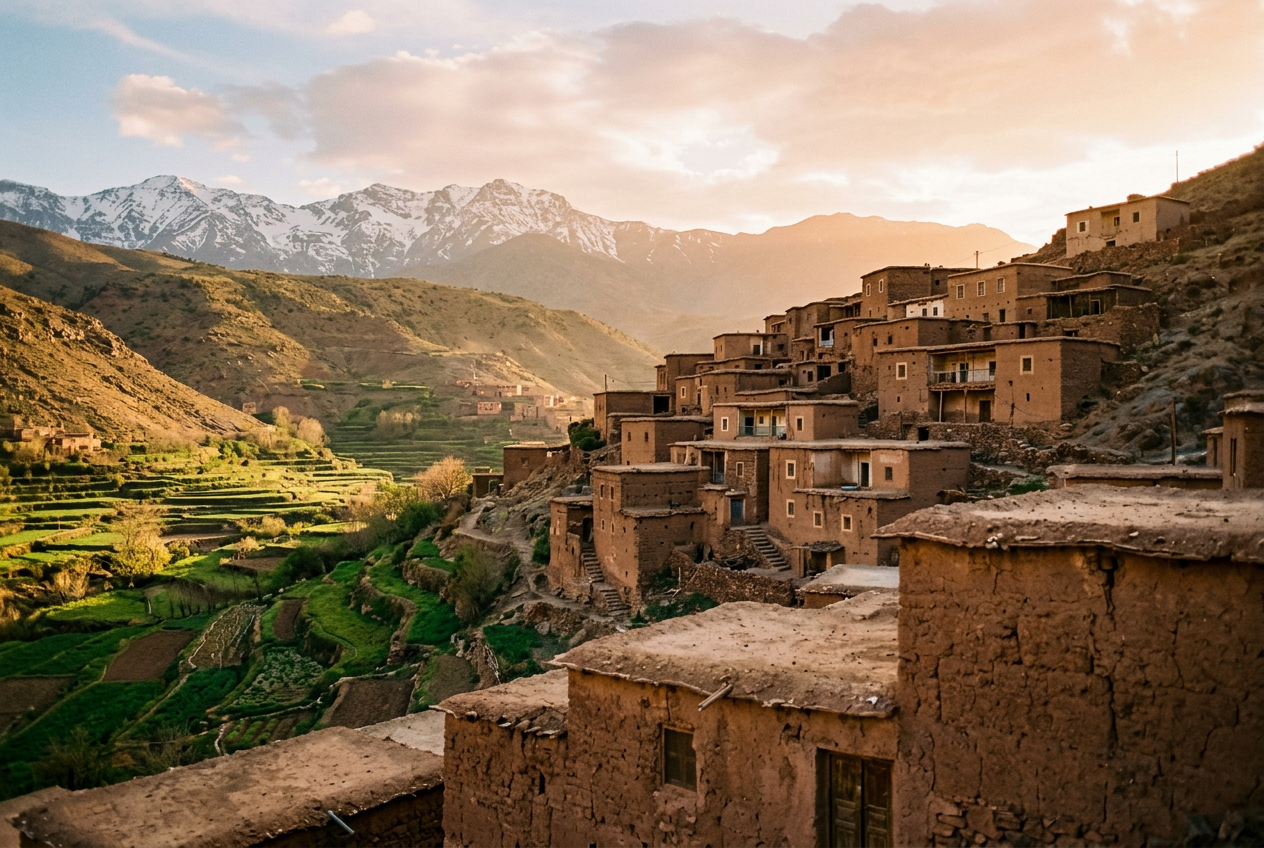 Berber village terraced into the High Atlas with snow-capped peaks behind