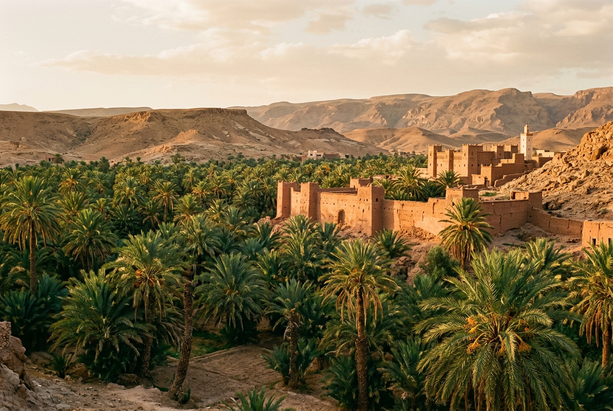 Date-palm oasis and red-earth kasbah in the Draa valley