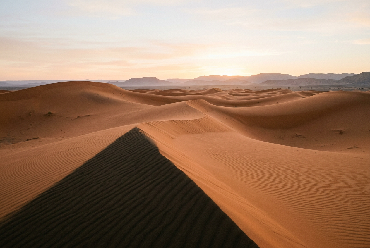 Sculpted Sahara dunes at sunrise near Merzouga