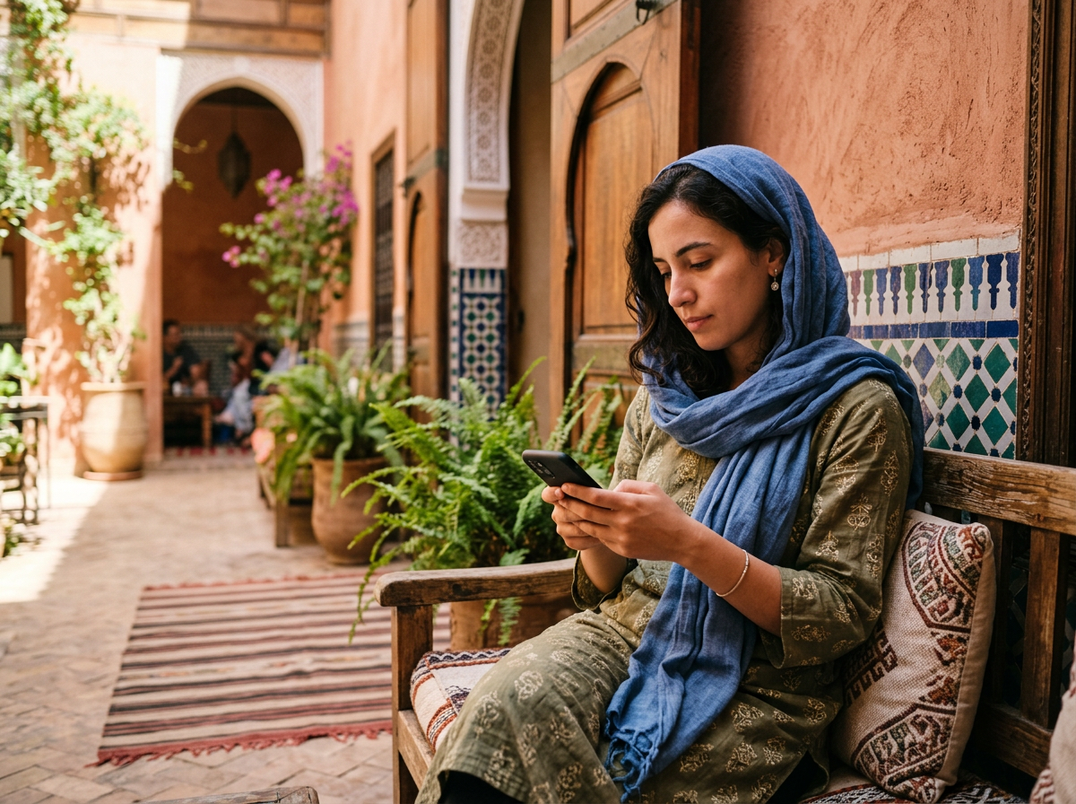 Traveler browsing host families on a phone in a Moroccan courtyard