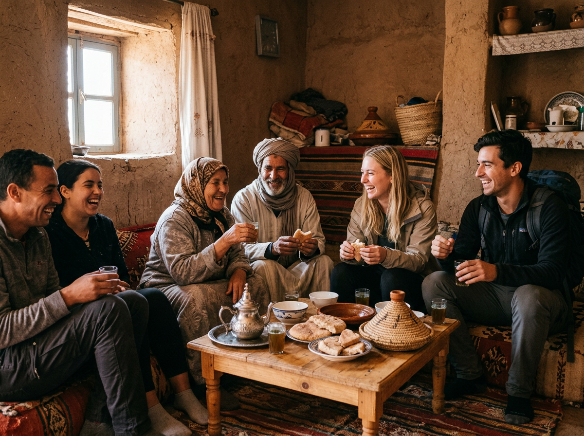 Travelers sharing tea and bread with a Berber family inside a village home