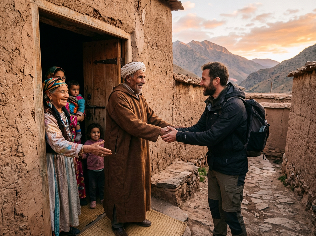 Berber family welcoming a traveler at the door of a mountain home
