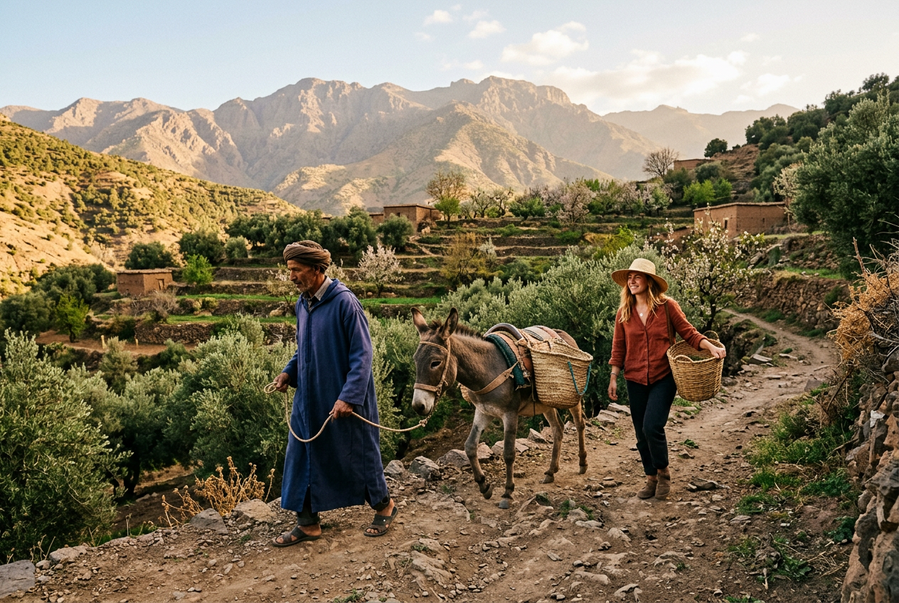 A Berber farmer and a visitor walking a donkey through terraced orchards
