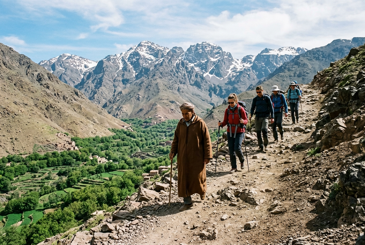 Hikers and a Berber guide climbing a trail in the High Atlas