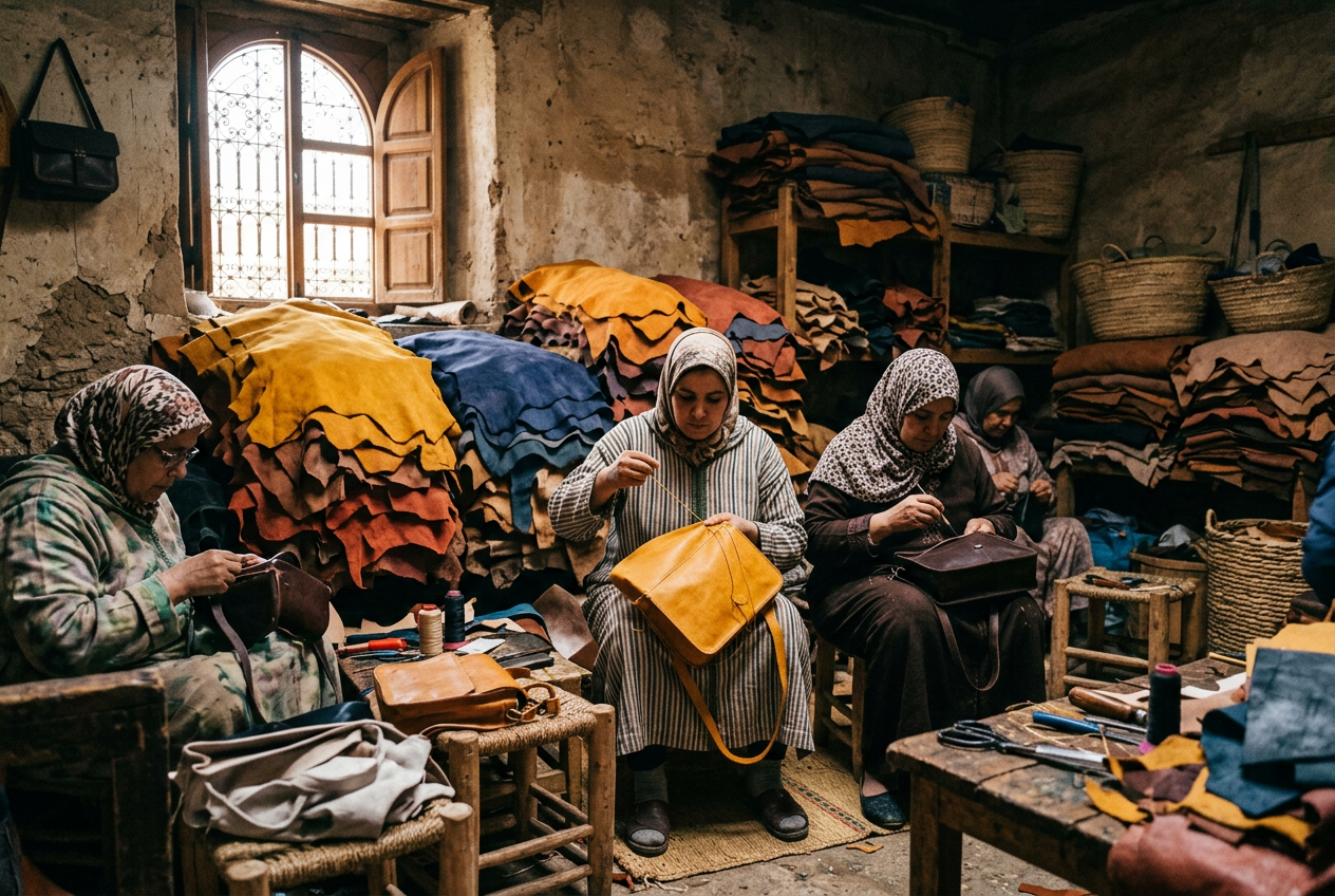 Moroccan women stitching leather bags in a cooperative workshop