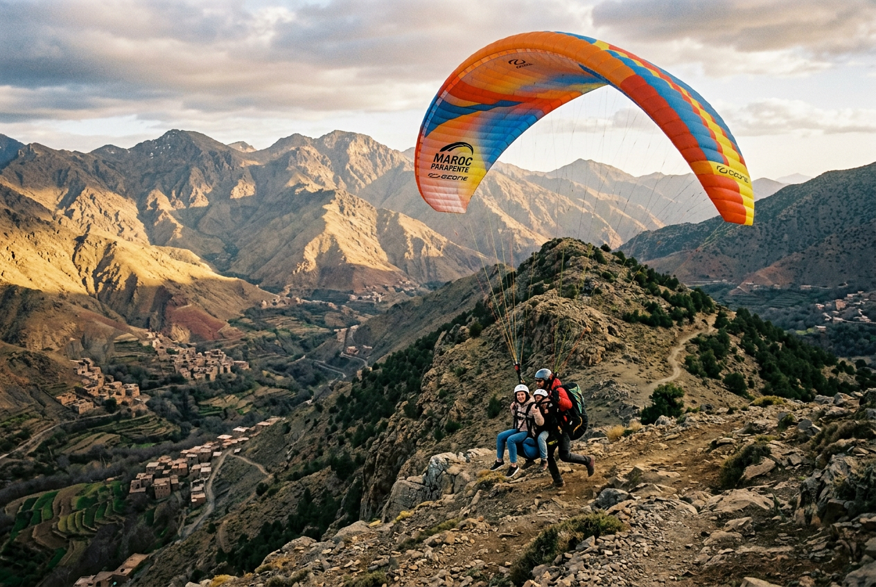 A tandem paraglider lifting off a ridge above the Atlas Mountains