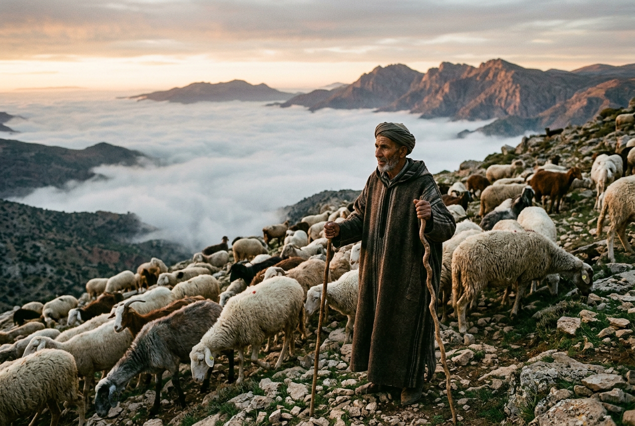 A Berber shepherd with his flock above the clouds at dawn